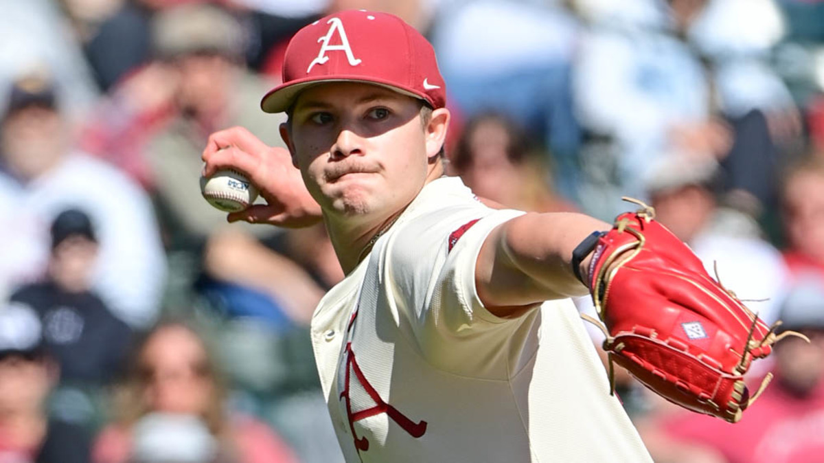 Razorbacks' Gage Wood throws a pitch against McNeese State